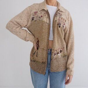 Vintage Tanjay Beige Village Scenic Zip Cardigan Cottagecore Grandpa Sweater L